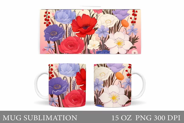 Flowers Mug Sublimation. Flowers Mug Wrap Design