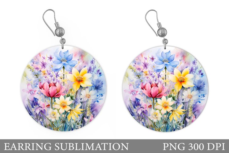 Wildflowers Earring Sublimation. Round Earring Design example image 1