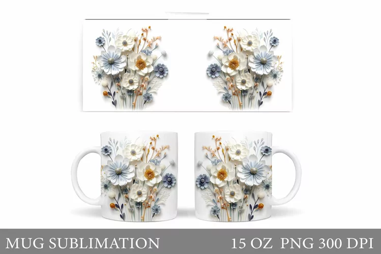 Flowers Mug Wrap Sublimation. 3D Flowers Mug Design