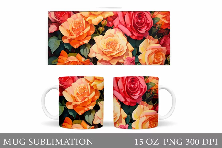 Roses Mug Sublimation. Flowers Mug Wrap Design