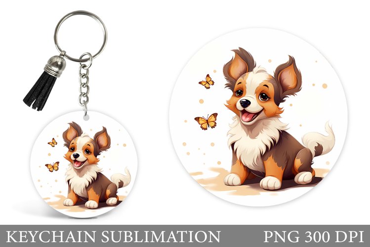 Cute Dog Keychain Sublimation. Butterflies Keychain Design
