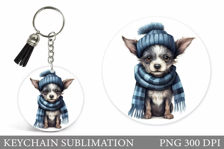 Dog Keychain Design. Winter Dog Round Keychain Sublimation