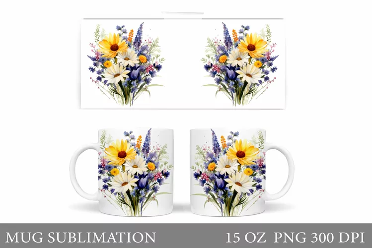 Wildflowers Mug Sublimation. Flowers Mug Wrap Design