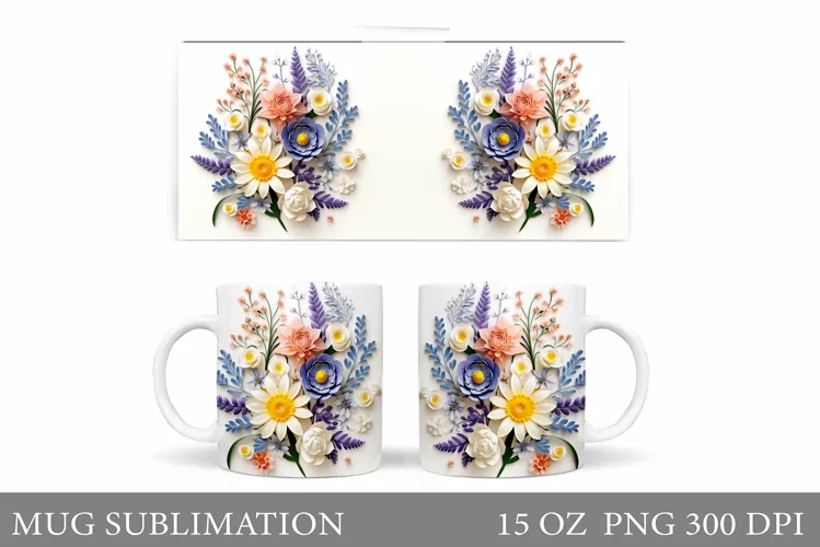 3D Wildflowers Mug Wrap Design. Flowers Mug Sublimation