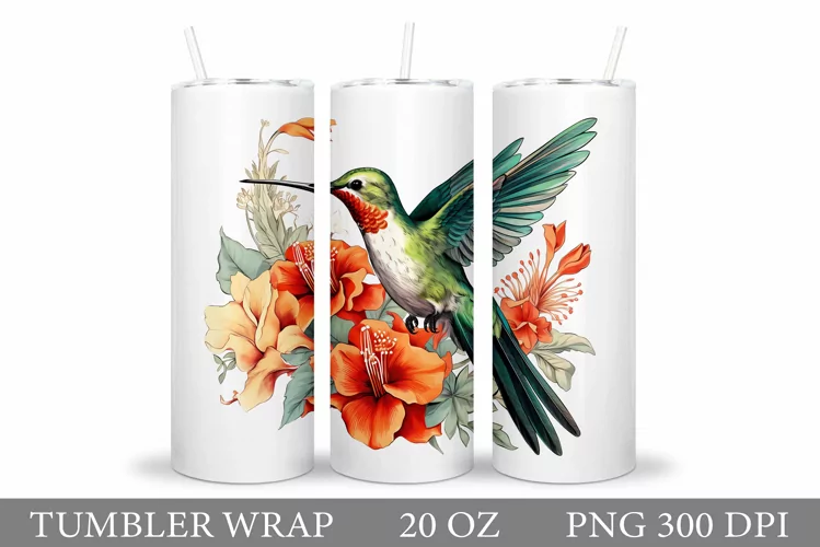Hummingbird Tumbler Sublimation. Bird Flowers Tumbler