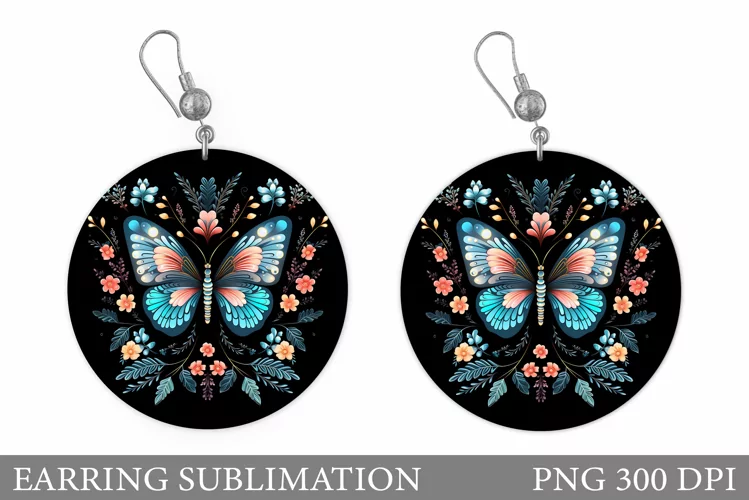 Butterfly Round Earring. Flowers Earring Sublimation
