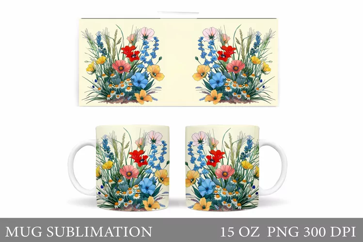 Flowers Mug Wrap Design. Wildflowers Mug Sublimation