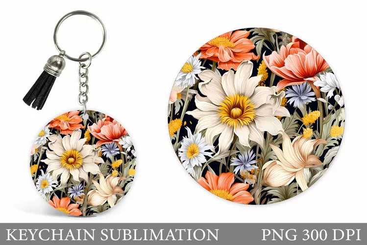 Flowers Keychain Sublimation. Floral Round Kseychain Design