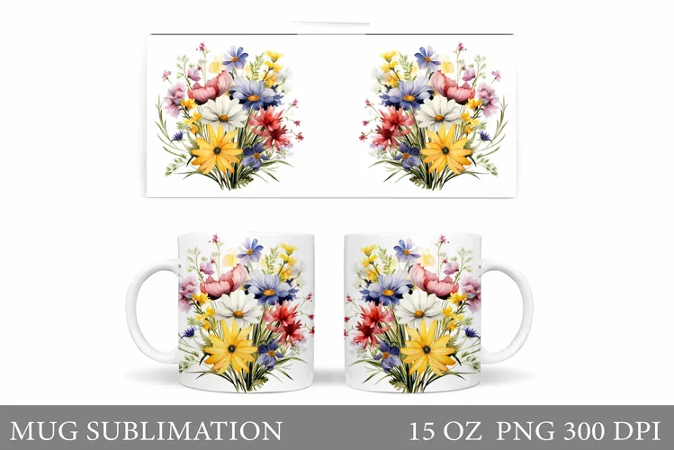 Flowers Mug Wrap Design. Wildflowers Mug Sublimation
