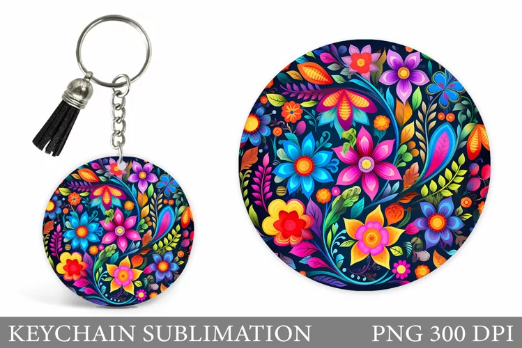 Flowers Keychain Design. Neon Flowers Keychain Template