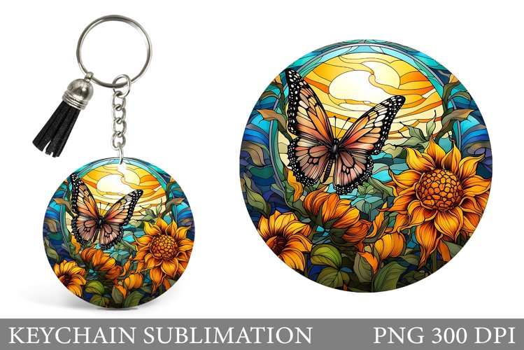 Butterfly Sunflowers Keychain. Stained Glass Keychain Design example image 1