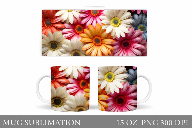 Gerbera Mug Sublimation. Daisy Flowers Mug Wrap Design