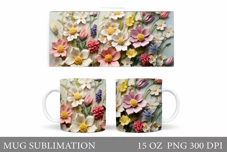 3D Flowers Mug Sublimation. Flowers Mug Wrap Design