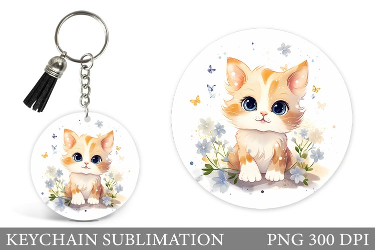 Cute Cat Keychain Design. Spring Cat Round Keychain