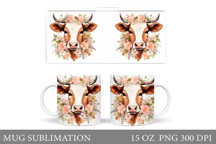 Cute Cow Mug Sublimation. Flowers Mug Wrap Design