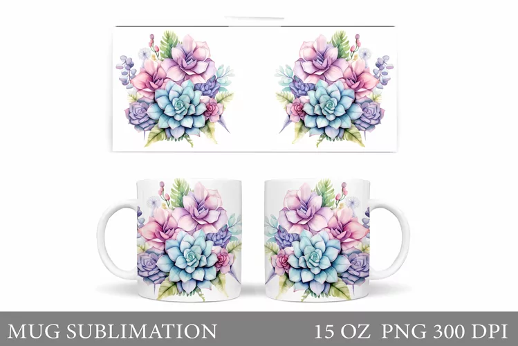 Succulents Mug Design. 3D Flowers Mug Sublimation