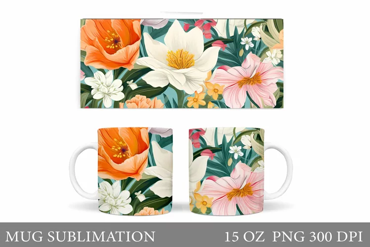 Flowers Mug Sublimation. Flowers Mug Wrap Design