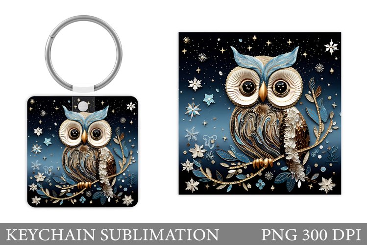 Owl Keychain Sublimation. Winter Owl Square Keychain Design
