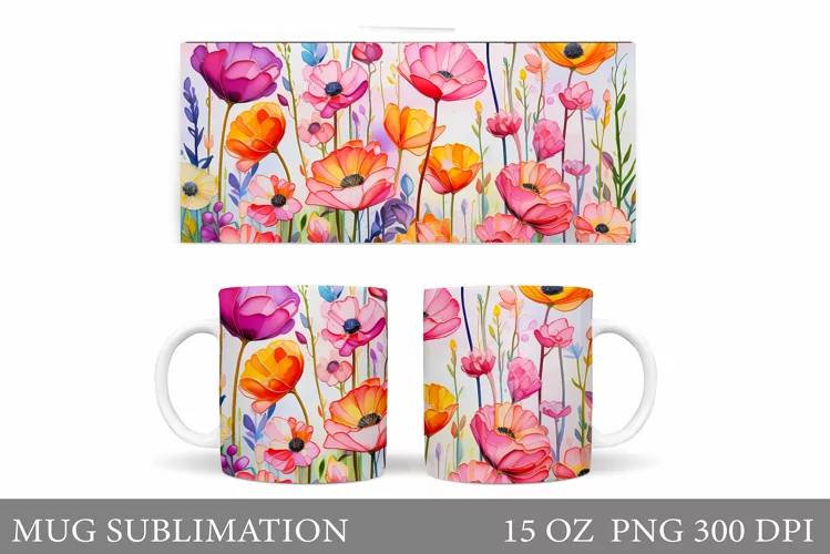 Wildflowers Mug Sublimation. Flowers Mug Wrap Design
