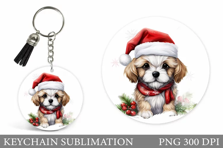 Christmas Dog Keychain Desifn. Cute Dog Keychain Template