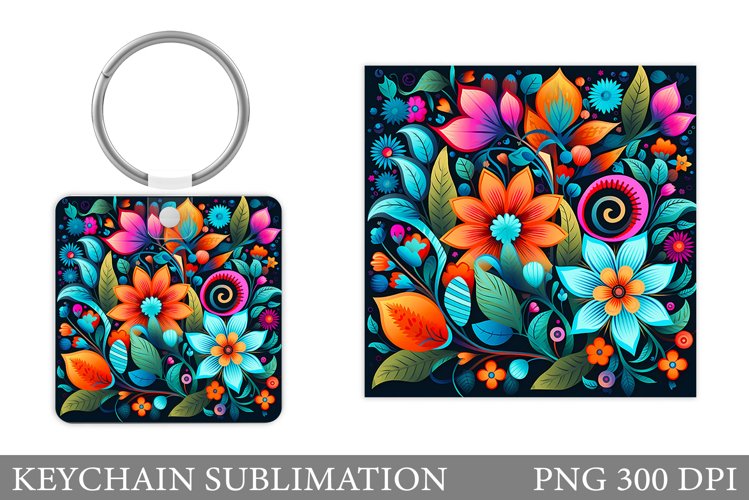 Flowers Keychain Sublimation. Neon Flowers Keychain Design