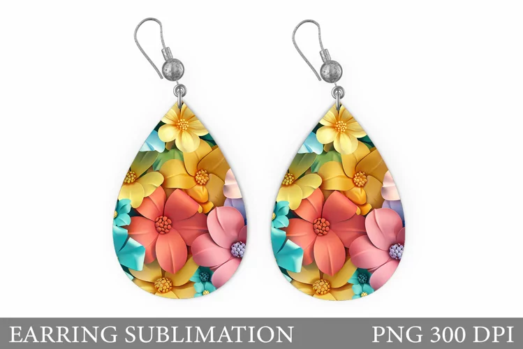 3D Flowers Earring Sublimation. Flowers Teardrop Earring