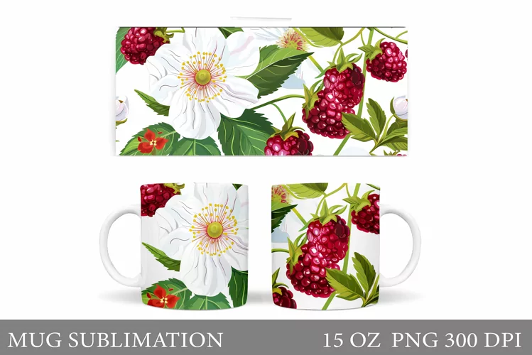 Berries Mug Sublimation. Flowers Mug Wrap Design