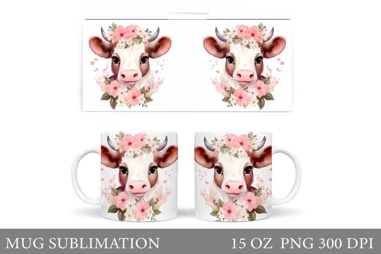 Cute Cow Mug Sublimation. Flowers Mug Wrap Design