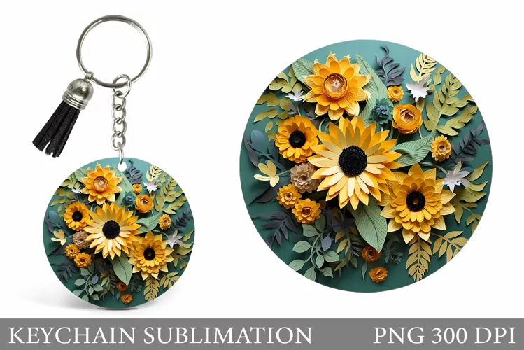 Sunflowers Keychain Sublimation. Flowers Round Keychain