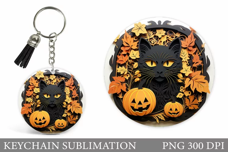 Black Cat Halloween Keychain. Halloween Round Keychain