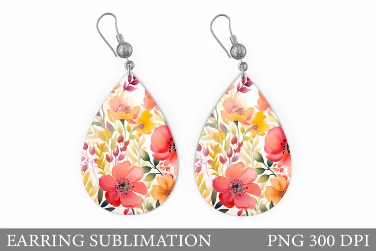 Flowers Earring Sublimation. Teardrop Flowers Earring Design