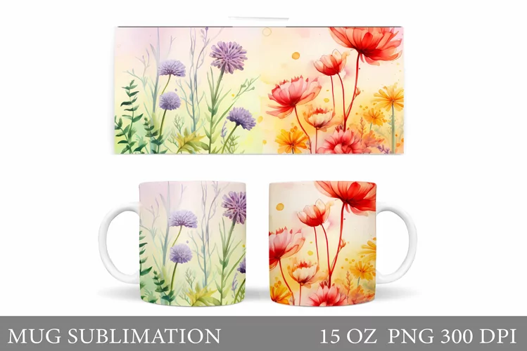 Flowers Mug Wrap Design. Wildflowers Mug Sublimation