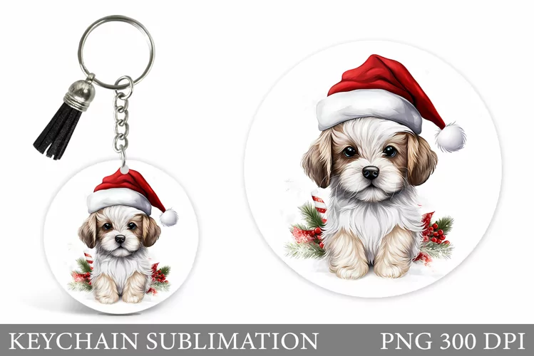 Christmas Dog Keychain Design. Winter Dog Round Keychain