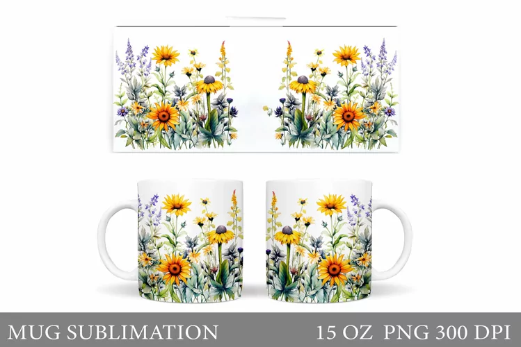 Wildflowers Mug Design. Flowers Mug Sublimation