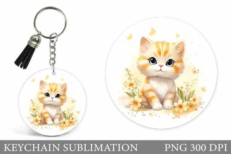 Cute Cat Keychain Sublimation. Cat Round Keychain Design