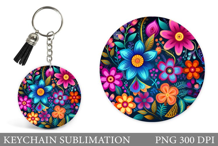 Flowers Keychain Sublimation. Flowers Round Keychain Design example image 1