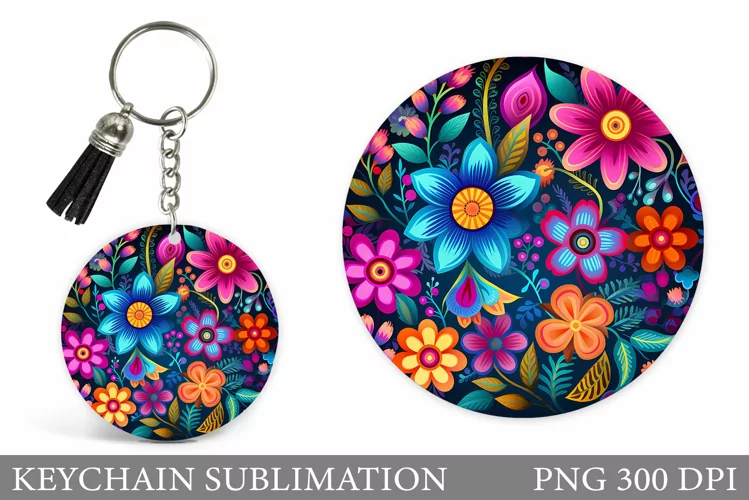 Flowers Keychain Sublimation. Flowers Round Keychain Design