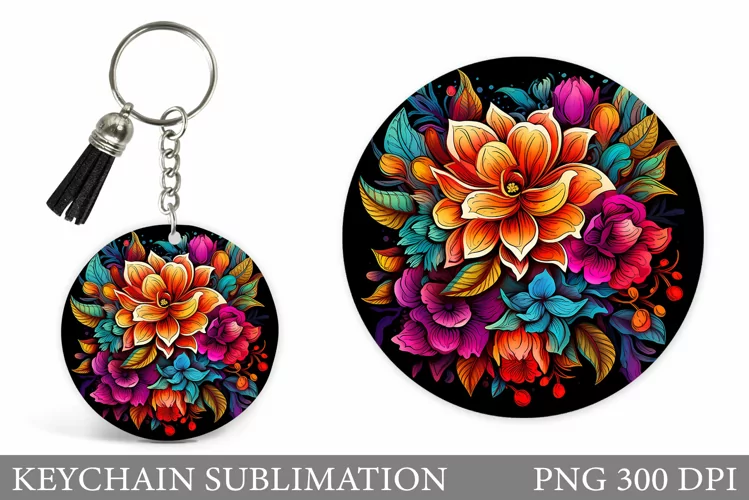 Flowers Keychain Sublimation. Flowers Round Keychain Design