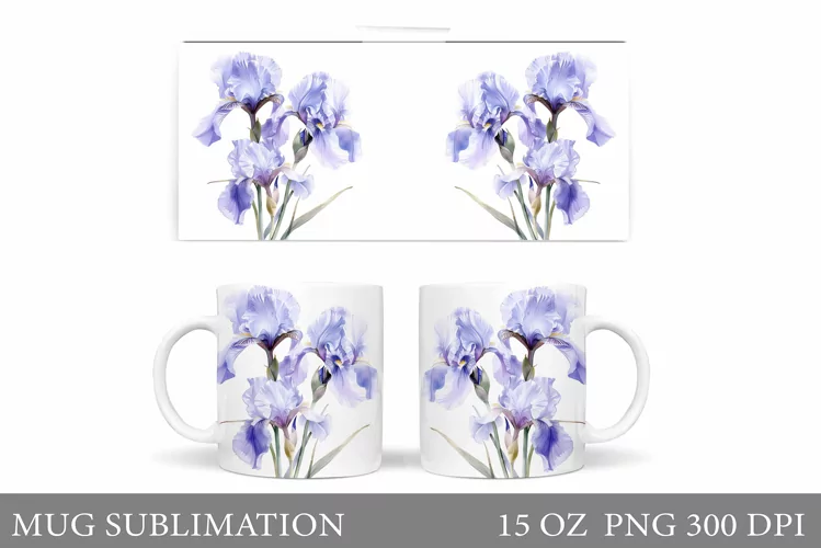 Irises Mug Wrap Design. Flowers Mug Sublimation