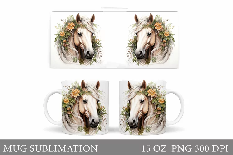 Horse Mug Wrap Design. Horse Flowers Mug Wrap Sublimation