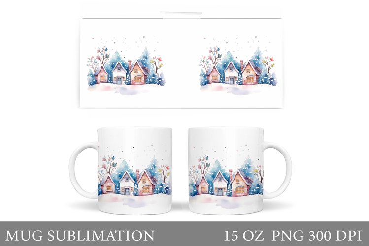 Winter Houses Mug Wrap. Winter Mug Sublimation