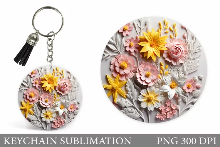 3D Wildflowers Keychain. Flowers Keychain Sublimation