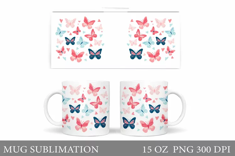 Butterflies Mug Sublimation. Colorful Butterflies Mug Design