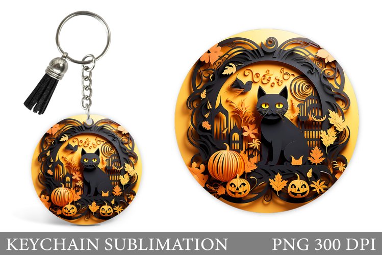Halloween Cat Round Keychain. Black Cat Halloween Keychain