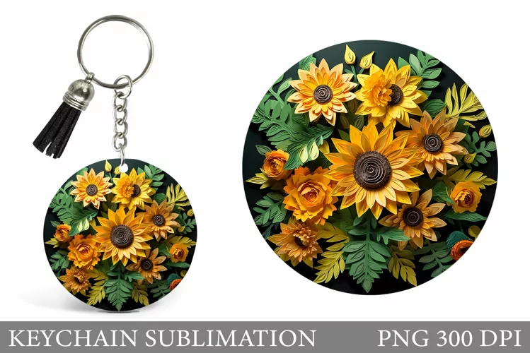 Sunflowers Keychain. 3D Flowers Round Keychain Design