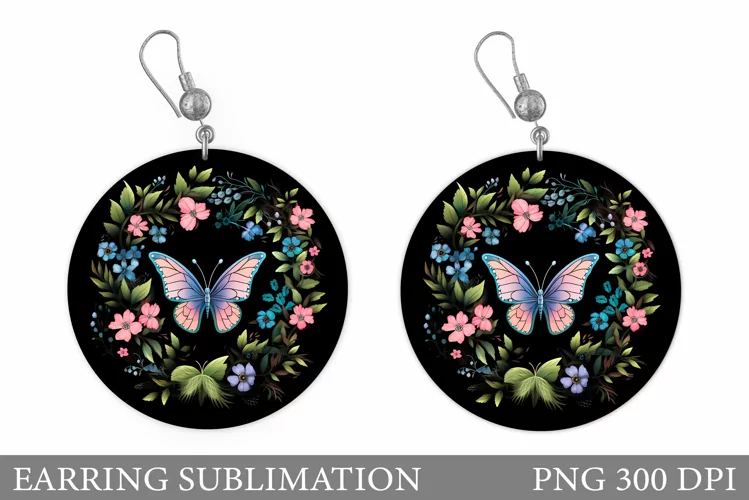 Butterfly Round Earring. Flowers Earring Sublimation