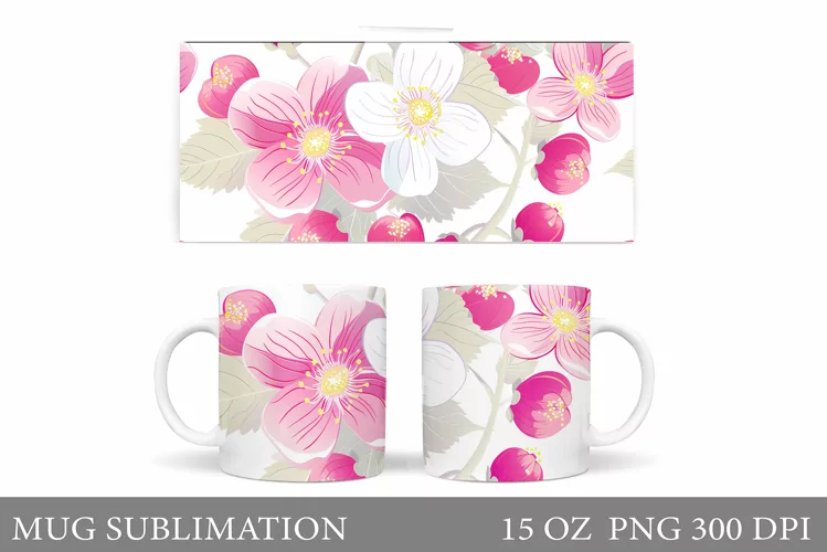 Flowers Mug Sublimation. Floral Mug Wrap Design