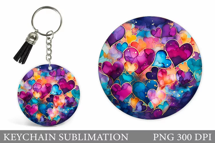 Colorful Hearts Keychain. Alcohol Ink Hearts Keychain