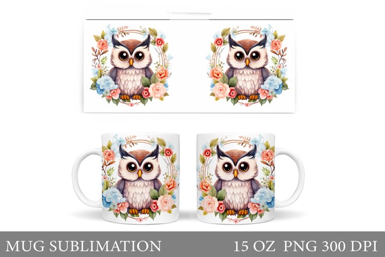 Cute Owl Mug Sublimation. Owl Flowers Mug Wrap Design
