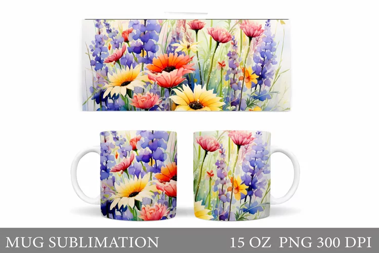 Wildflowers Mug Wrap Design. Flowers Mug Sublimation